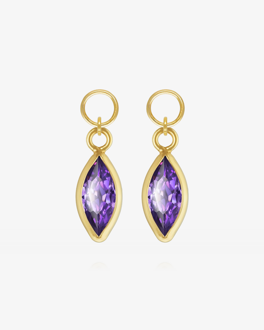 Pair of Amethyst CZ marquise hoop earring charms in 14k gold fill, the February birthstone