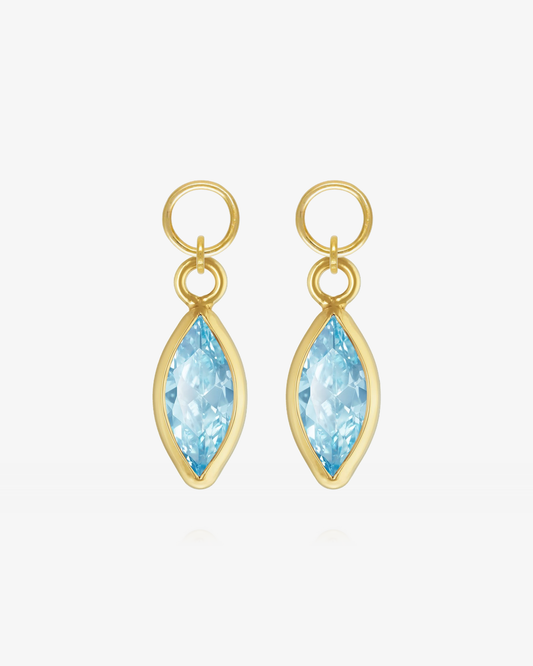 Pair of Aquamarine CZ marquise hoop earring charms in 14k gold fill, the March birthstone