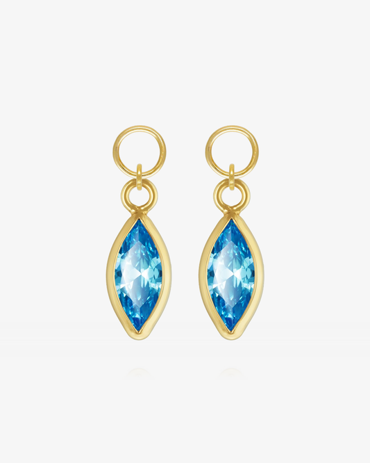 Pair of Blue Topaz CZ marquise hoop earring charms in 14k gold fill, the December birthstone