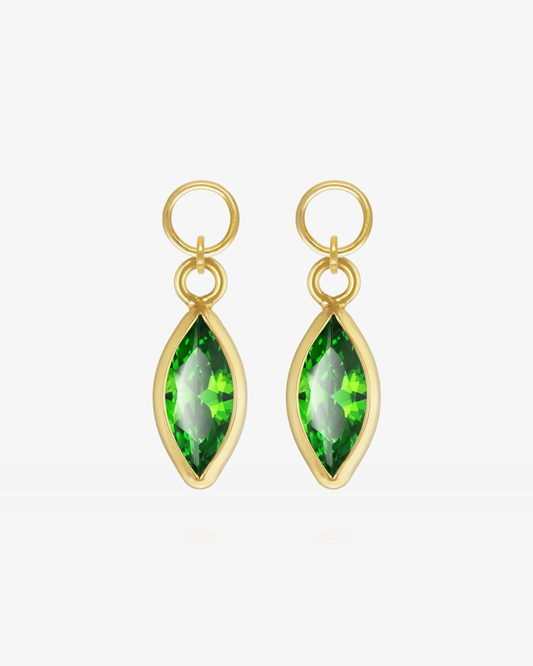 Pair of Emerald CZ marquise hoop earring charms in 14k gold fill, the May birthstone