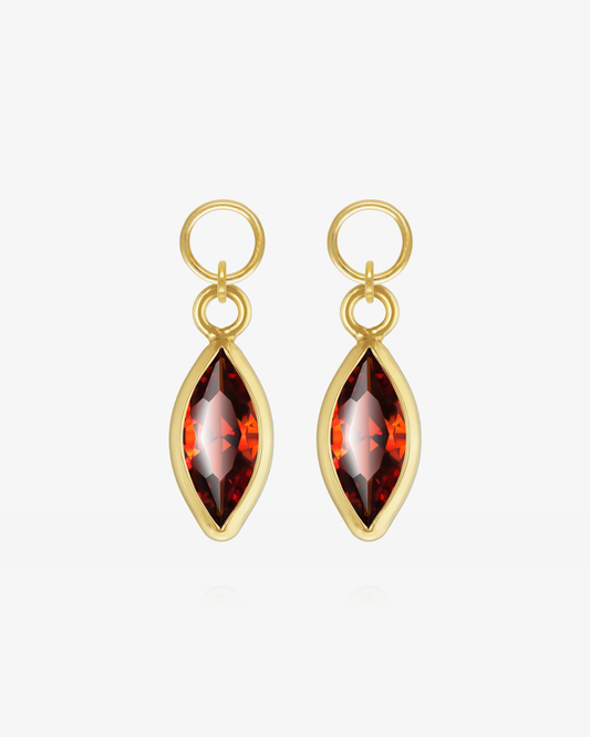 Pair of Garnet CZ marquise hoop earring charms in 14k gold fill, the January birthstone