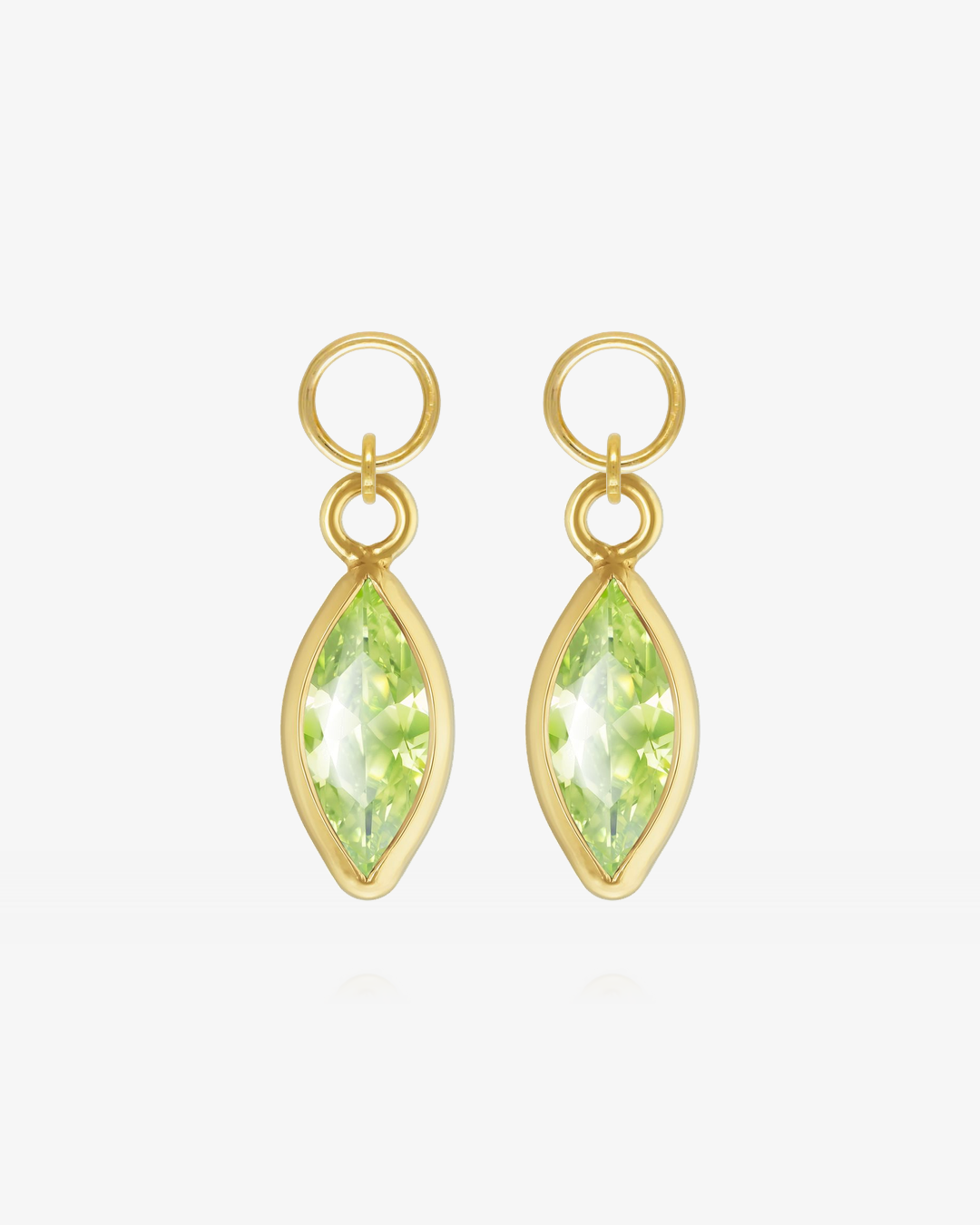 Pair of Peridot CZ marquise hoop earring charms in 14k gold fill, the August birthstone