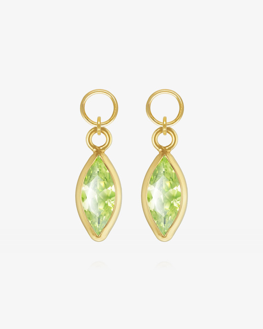 Pair of Peridot CZ marquise hoop earring charms in 14k gold fill, the August birthstone