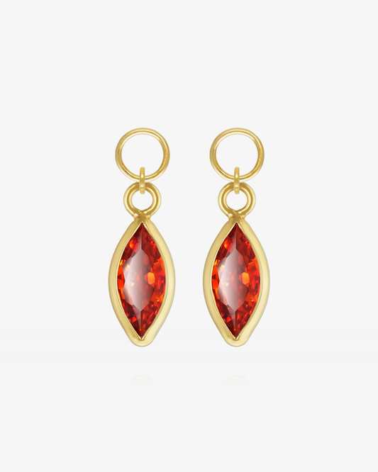Pair of Ruby CZ marquise hoop earring charms in 14k gold fill, the July birthstone