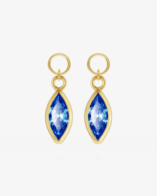 Pair of Sapphire CZ marquise hoop earring charms in 14k gold fill, the September birthstone