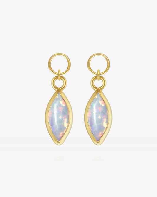 Pair of White Bello Opal marquise hoop earring charms in 14k gold fill, the June birthstone