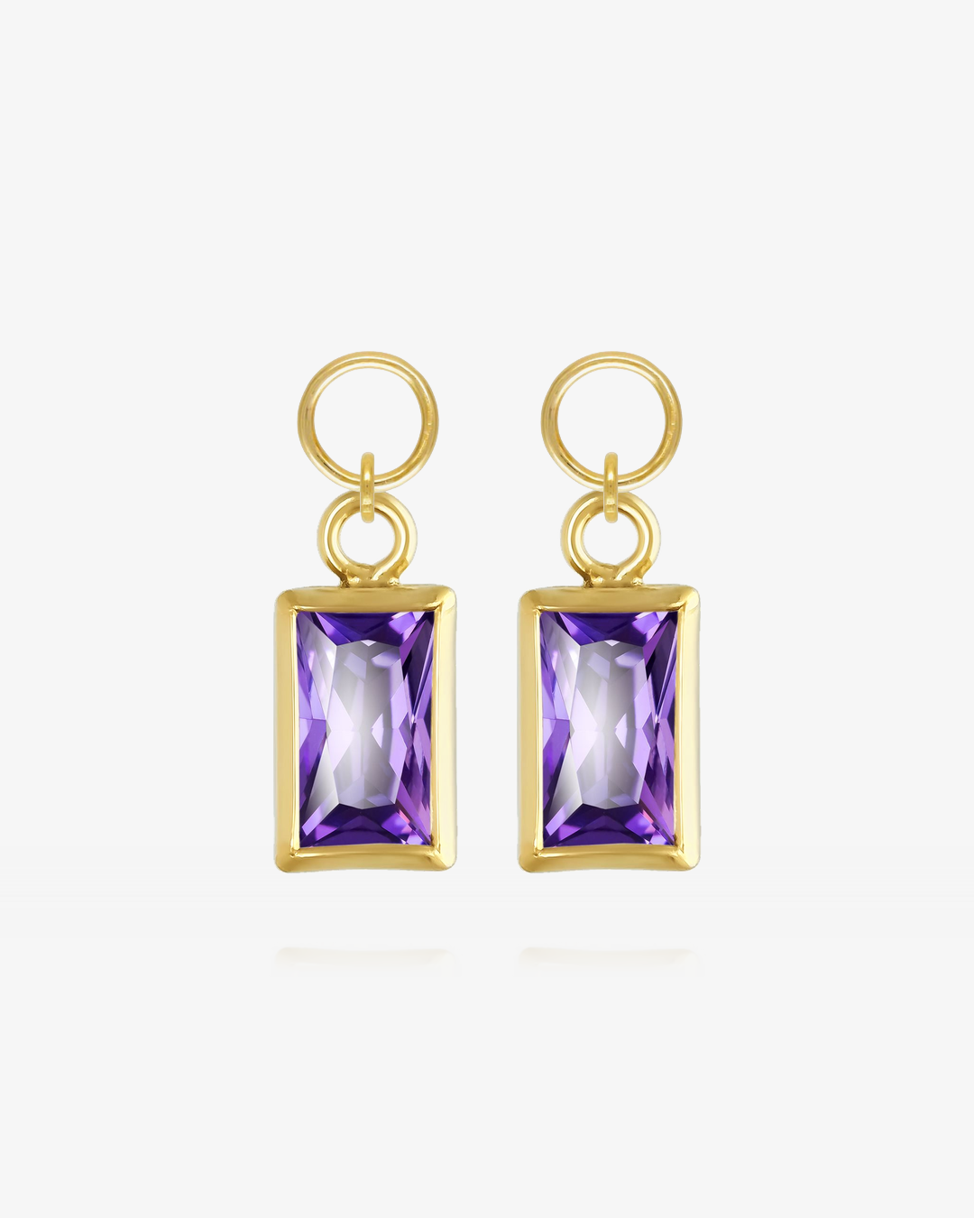 Pair of Amethyst CZ rectangle hoop earring charms in 14k gold fill, the February birthstone