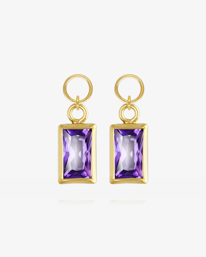 Pair of Amethyst CZ rectangle hoop earring charms in 14k gold fill, the February birthstone