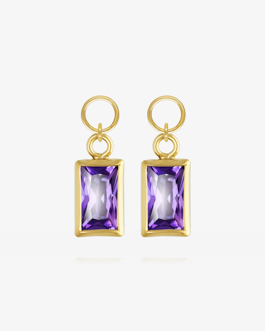 Pair of Amethyst CZ rectangle hoop earring charms in 14k gold fill, the February birthstone