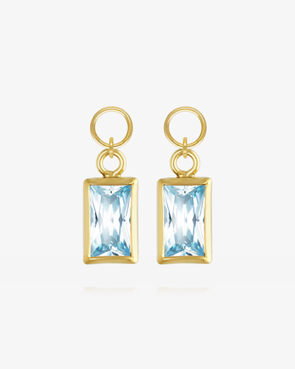 Pair of Aquamarine CZ rectangle hoop earring charms in 14k gold fill, the March birthstone