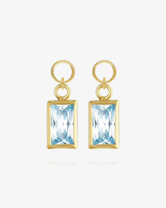 Pair of Aquamarine CZ rectangle hoop earring charms in 14k gold fill, the March birthstone