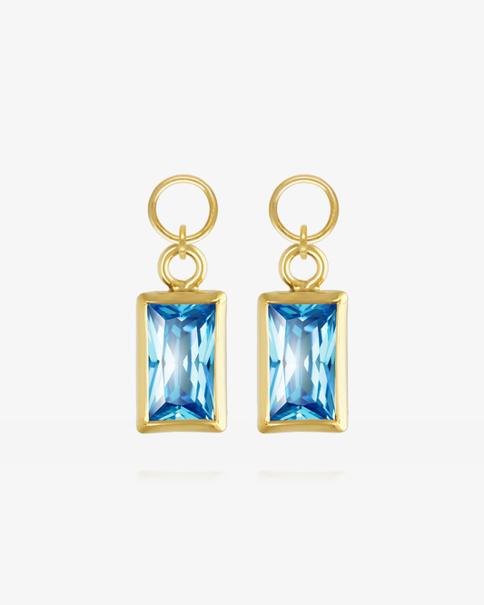 Pair of Blue Topaz CZ rectangle hoop earring charms in 14k gold fill, the December birthstone