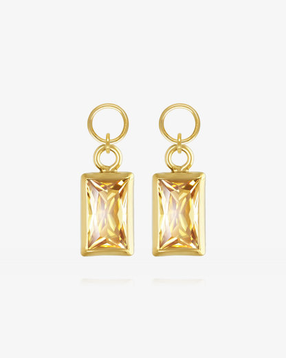 Pair of Citrine CZ rectangle hoop earring charms in 14k gold fill, the November birthstone