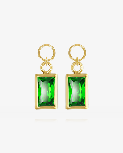 Pair of Emerald CZ rectangle hoop earring charms in 14k gold fill, the May birthstone
