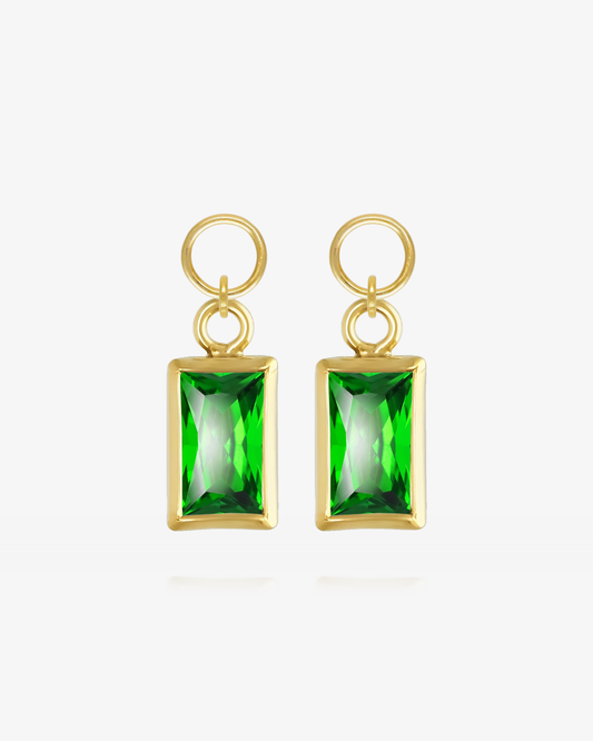 Pair of Emerald CZ rectangle hoop earring charms in 14k gold fill, the May birthstone