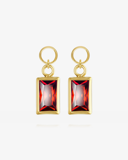 Pair of Garnet CZ rectangle hoop earring charms in 14k gold fill, the January birthstone