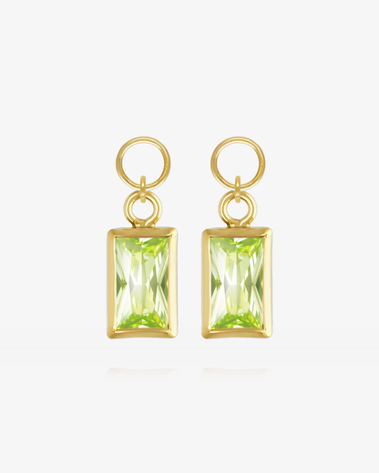Pair of Peridot CZ rectangle hoop earring charms in 14k gold fill, the August birthstone