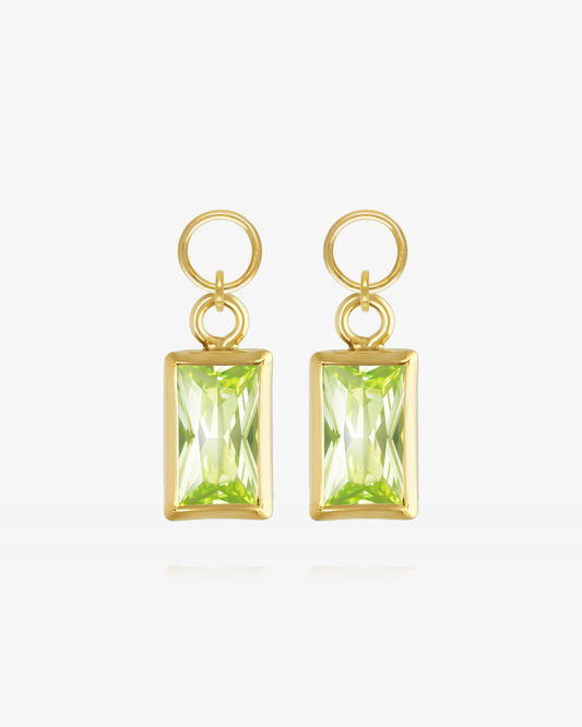 Pair of Peridot CZ rectangle hoop earring charms in 14k gold fill, the August birthstone