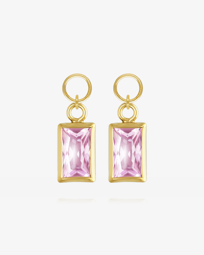 Pair of Pink CZ rectangle hoop earring charms in 14k gold fill, the October birthstone