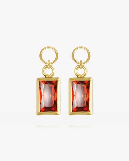 Pair of Ruby CZ rectangle hoop earring charms in 14k gold fill, the July birthstone
