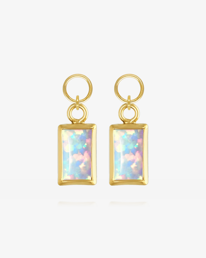 Pair of White Bello Opal rectangle hoop earring charms in 14k gold fill, the June birthstone