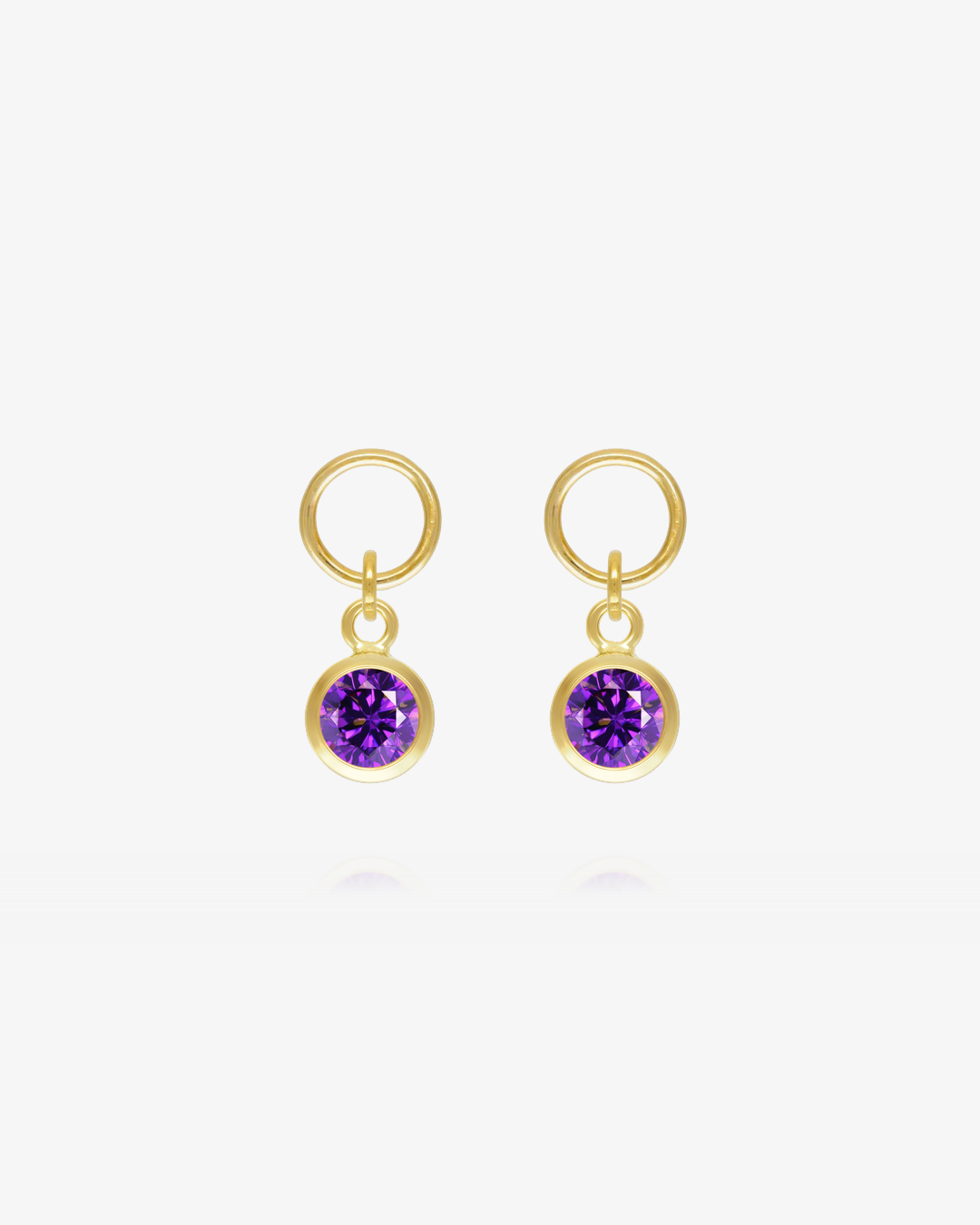Pair of Amethyst CZ round hoop earring charms in 14k gold fill, the February birthstone