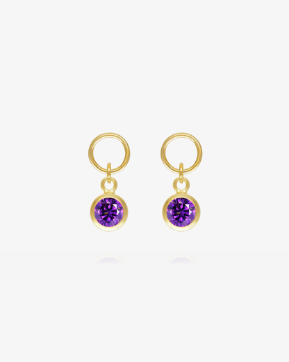 Pair of Amethyst CZ round hoop earring charms in 14k gold fill, the February birthstone