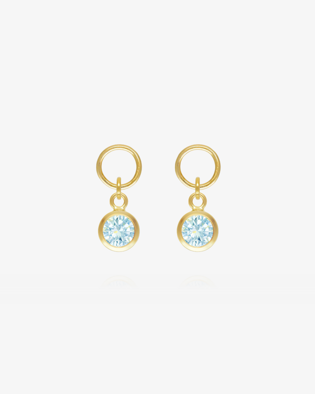 Pair of Aquamarine CZ round hoop earring charms in 14k gold fill, the March birthstone