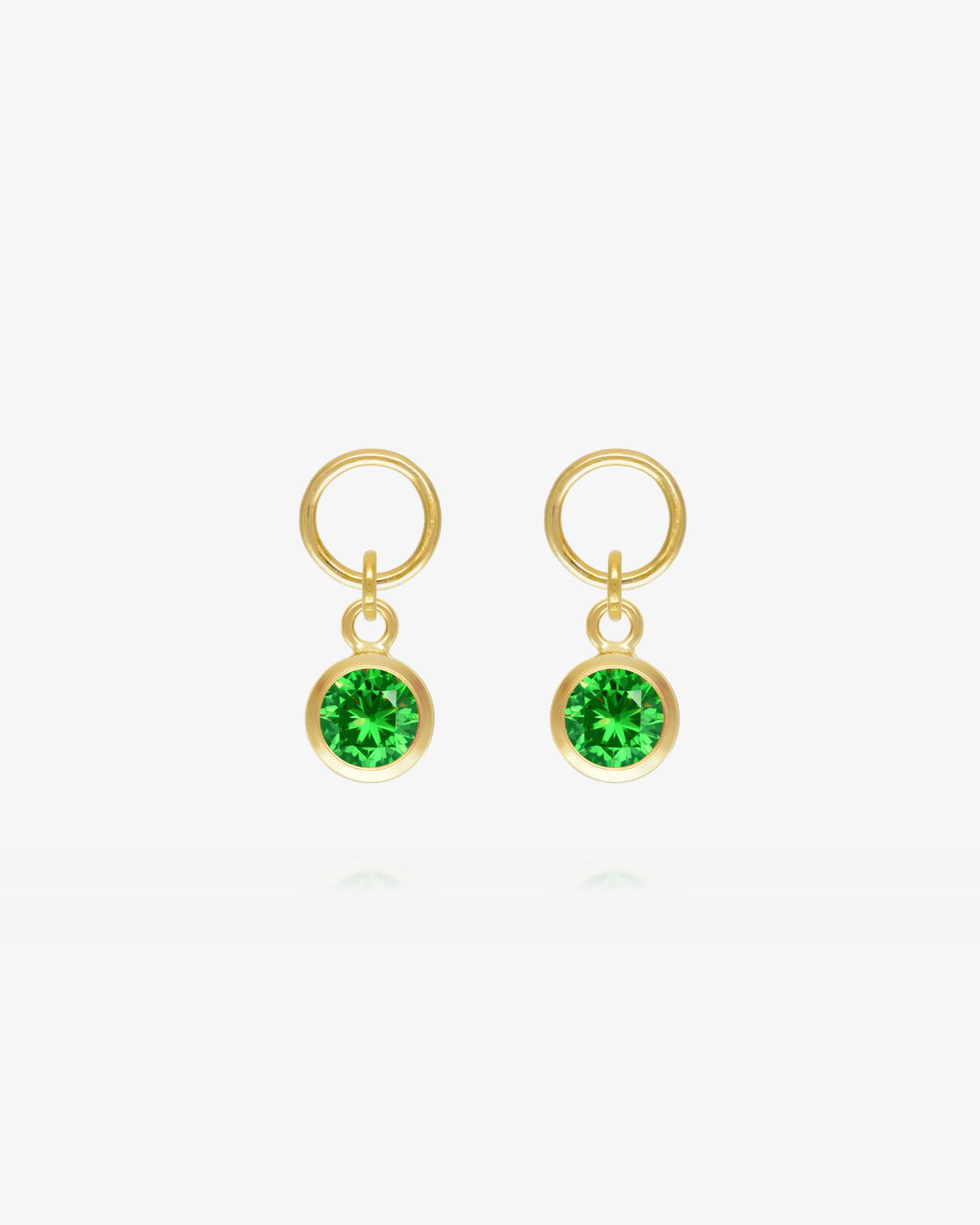 Pair of Emerald CZ round hoop earring charms in 14k gold fill, the May birthstone