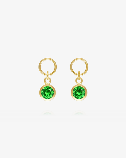 Pair of Emerald CZ round hoop earring charms in 14k gold fill, the May birthstone