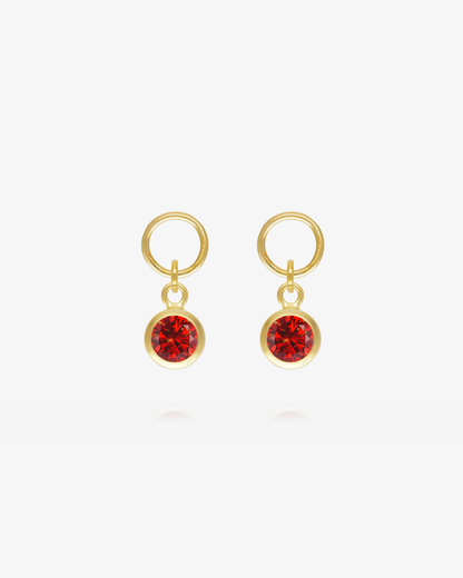 Pair of Garnet CZ round hoop earring charms in 14k gold fill, the January birthstone