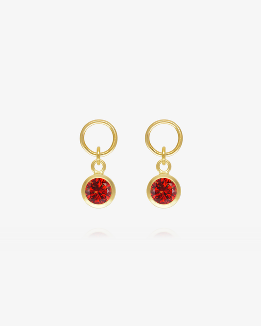 Pair of Garnet CZ round hoop earring charms in 14k gold fill, the January birthstone