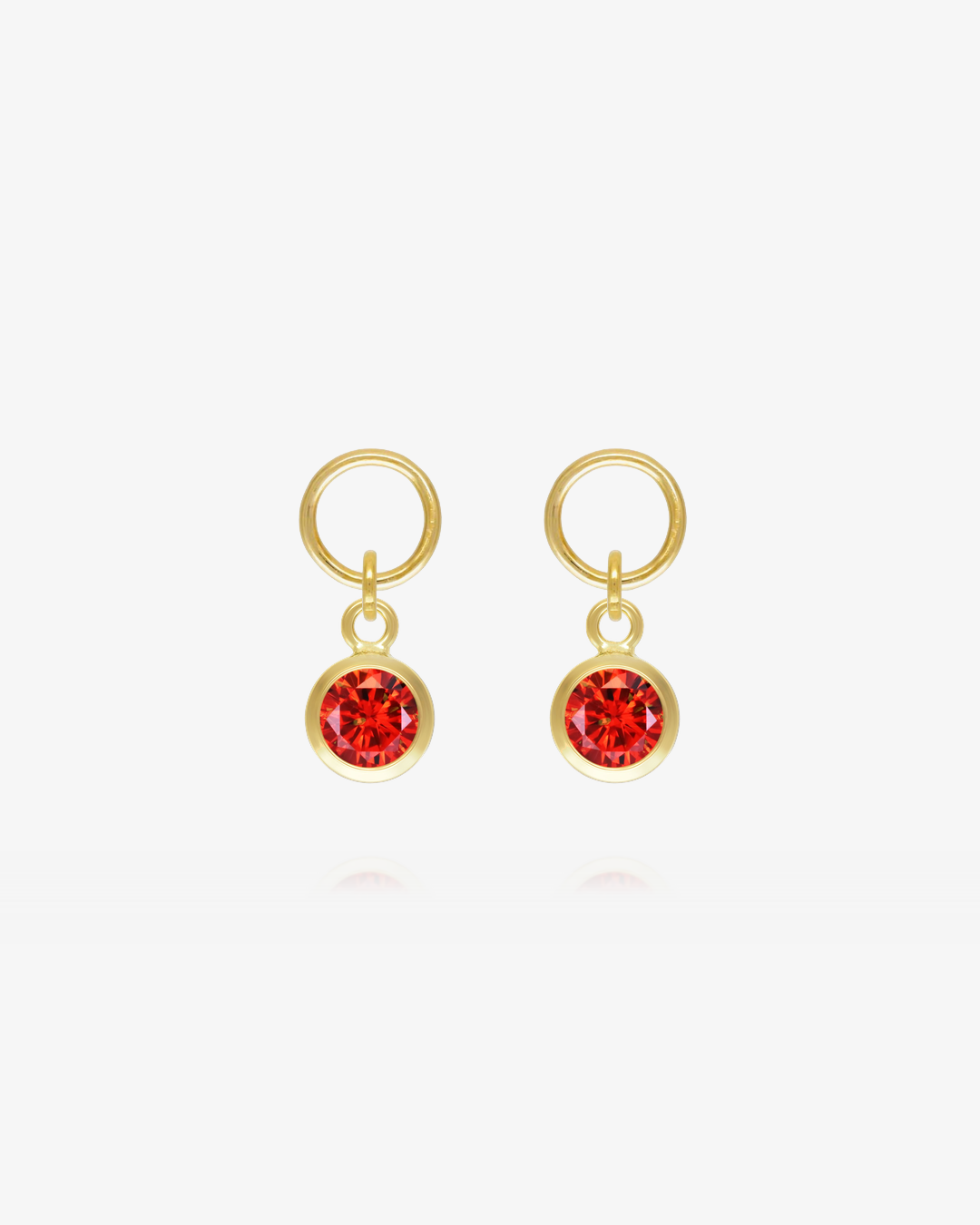 Pair of Ruby CZ round hoop earring charms in 14k gold fill, the July birthstone