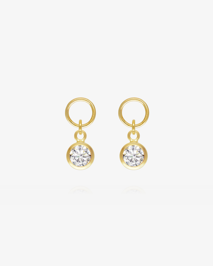 Pair of White CZ round hoop earring charms in 14k gold fill, the April birthstone
