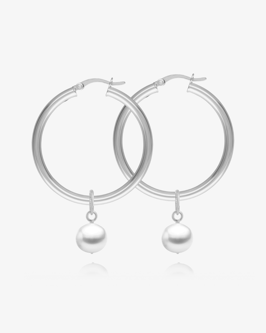 Freshwater Pearl Large Hoop Earrings - Sterling Silver