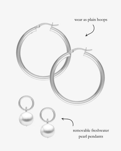 Freshwater Pearl Large Hoop Earrings Close-Up - Sterling Silver | The Littl