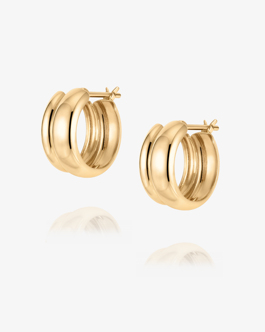 Double Band Rounded Huggie Hoop Earrings - 14k Solid Gold
