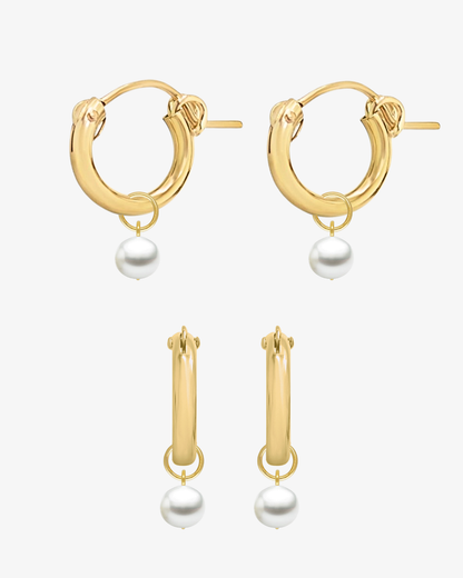 Freshwater Pearl Thick Hoop Earrings - 14k Gold-Filled - Side View | The Littl