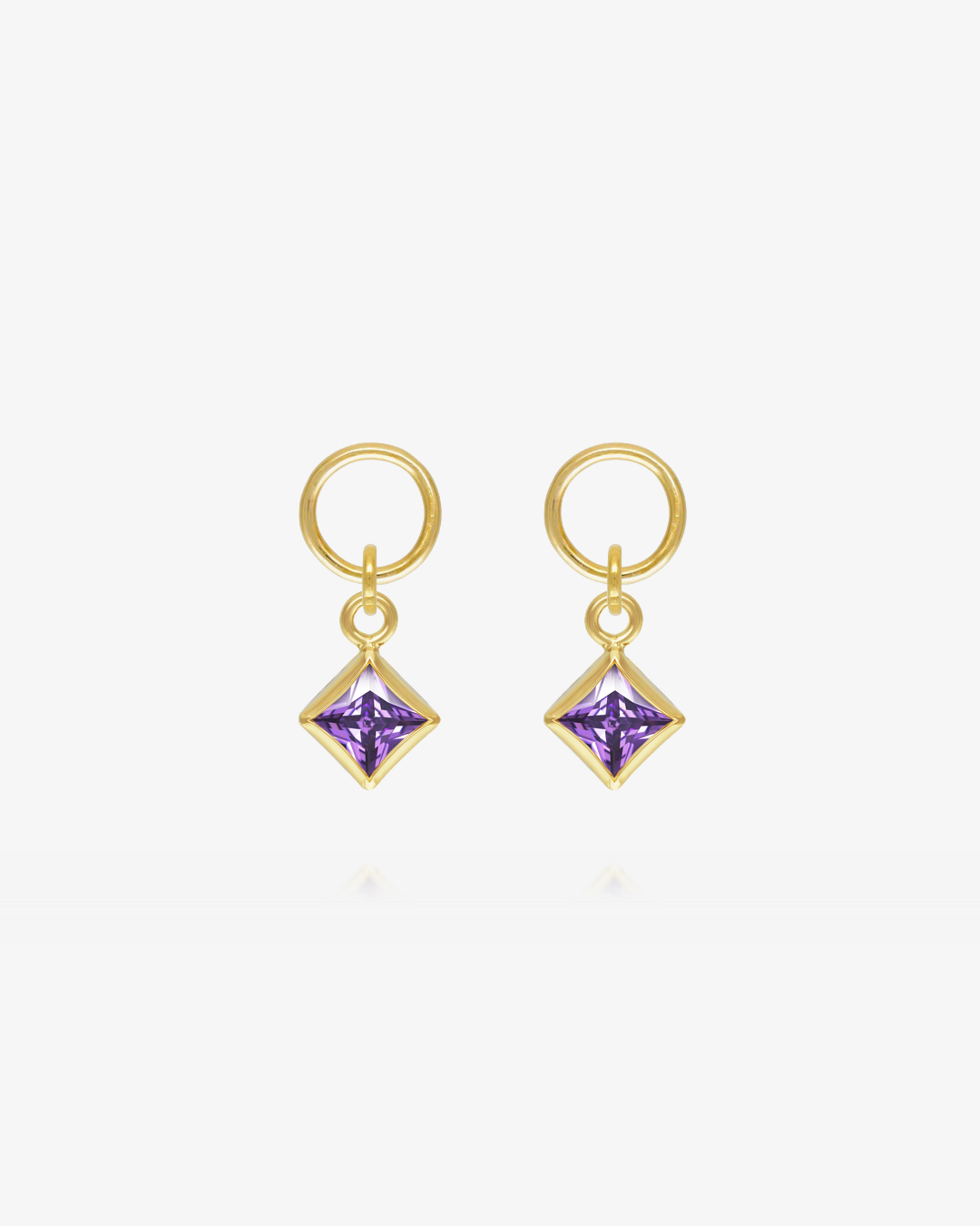 Pair of Amethyst CZ square hoop earring charms in 14k gold fill, the February birthstone