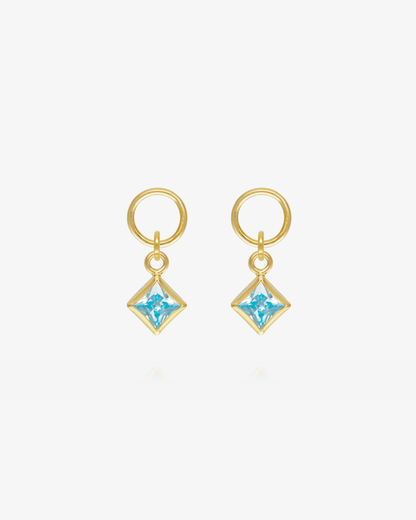 Pair of Aquamarine CZ square hoop earring charms in 14k gold fill, the March birthstone