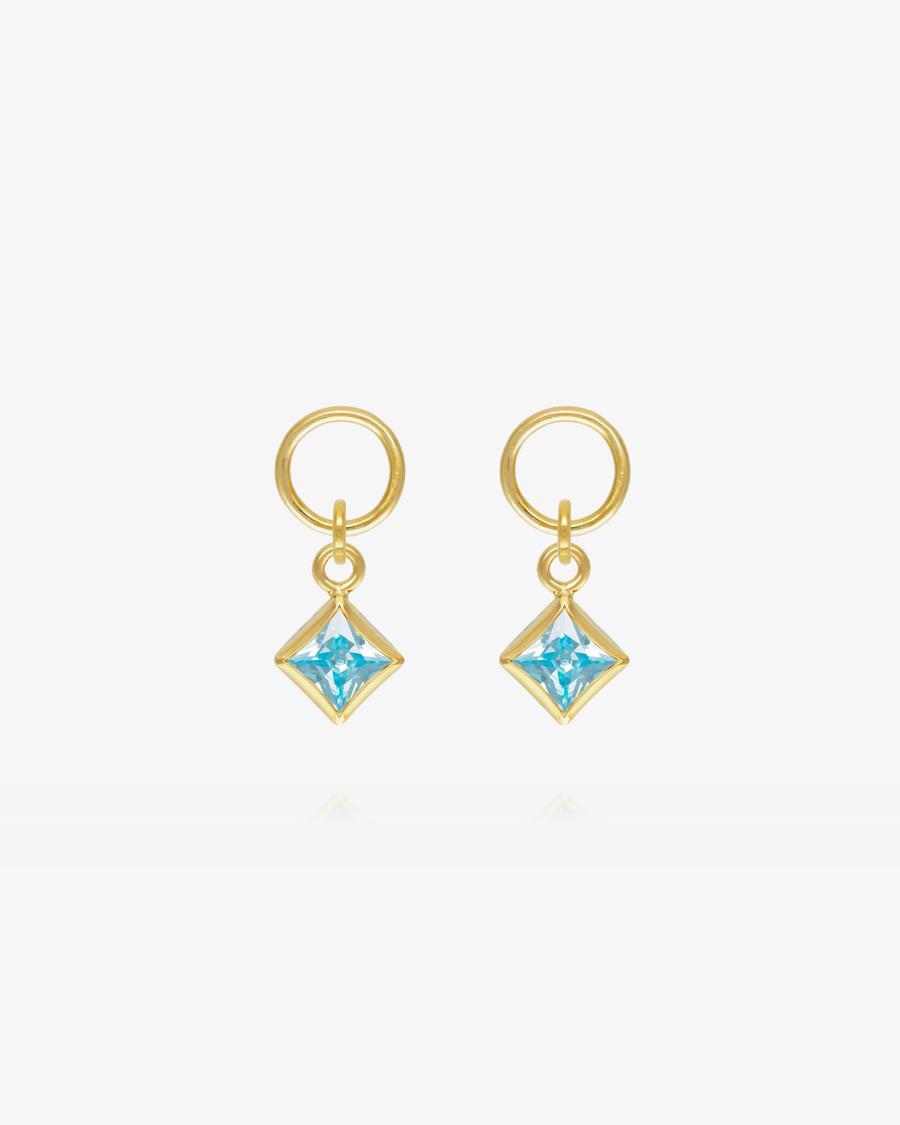 Square Aquamarine CZ Hoop Earring Charms - 14k Yellow Gold Fill
