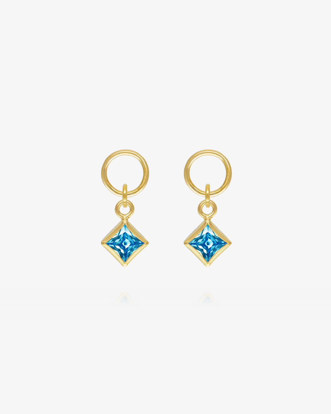 Pair of Blue Topaz CZ square hoop earring charms in 14k gold fill, the December birthstone