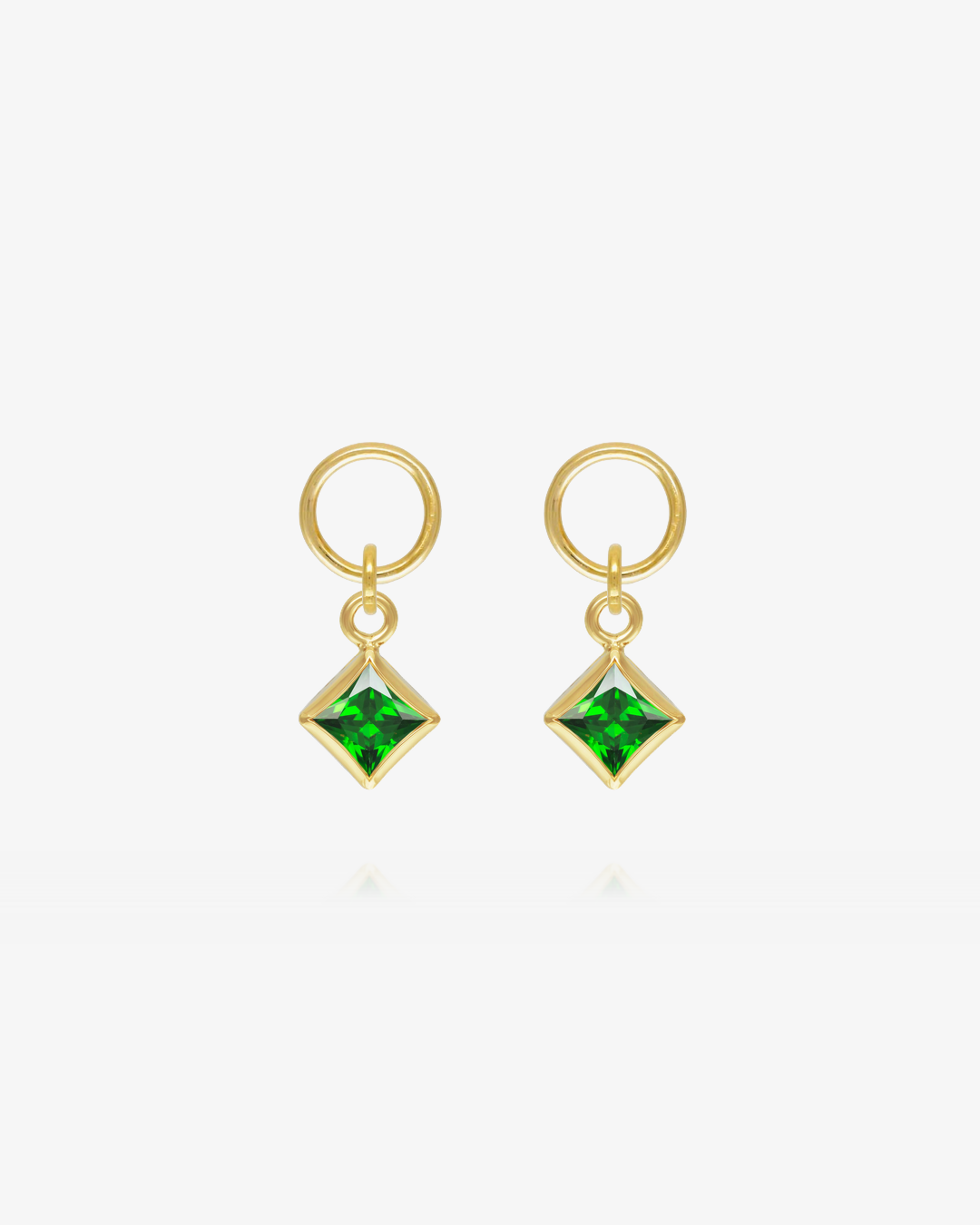 Pair of Emerald CZ square hoop earring charms in 14k gold fill, the May birthstone