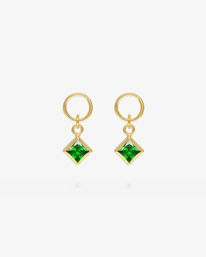 Pair of Emerald CZ square hoop earring charms in 14k gold fill, the May birthstone