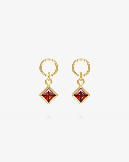 Pair of Garnet CZ square hoop earring charms in 14k gold fill, the January birthstone