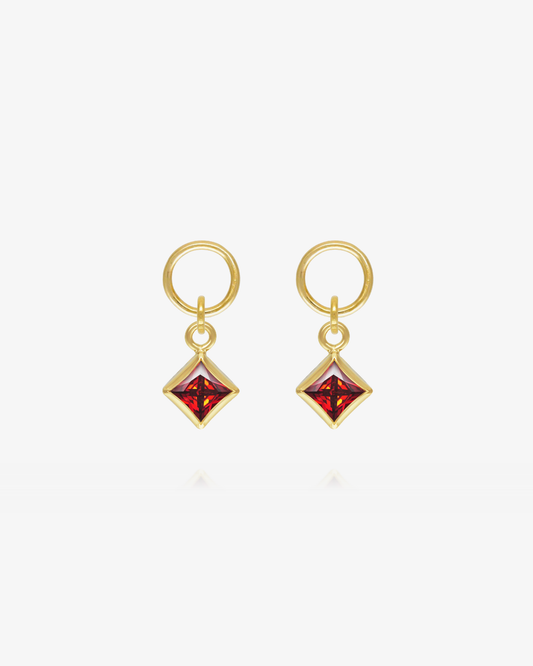 Pair of Garnet CZ square hoop earring charms in 14k gold fill, the January birthstone