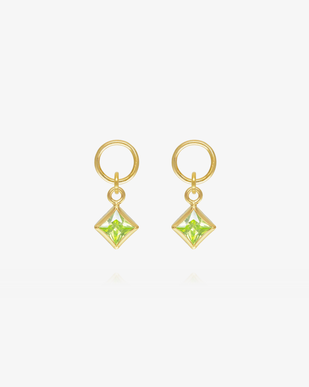 Pair of Peridot CZ square hoop earring charms in 14k gold fill, the August birthstone