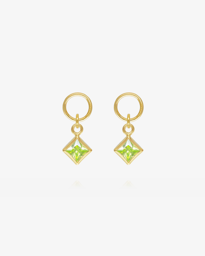 Pair of Peridot CZ square hoop earring charms in 14k gold fill, the August birthstone