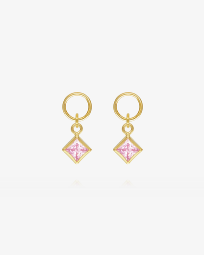 Pair of Pink CZ square hoop earring charms in 14k gold fill, the October birthstone