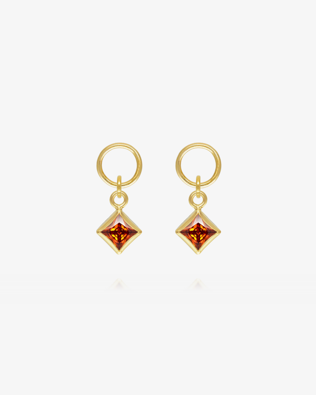 Pair of Ruby CZ square hoop earring charms in 14k gold fill, the July birthstone